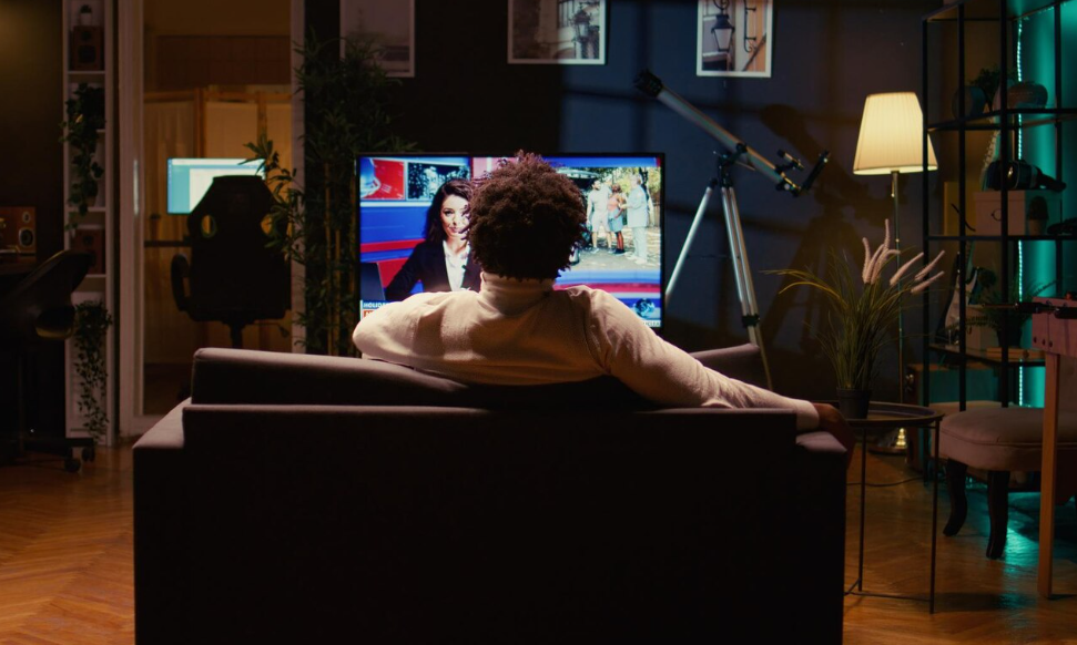 Viewer watching TV in a home streaming setup on a budget with living room entertainment.