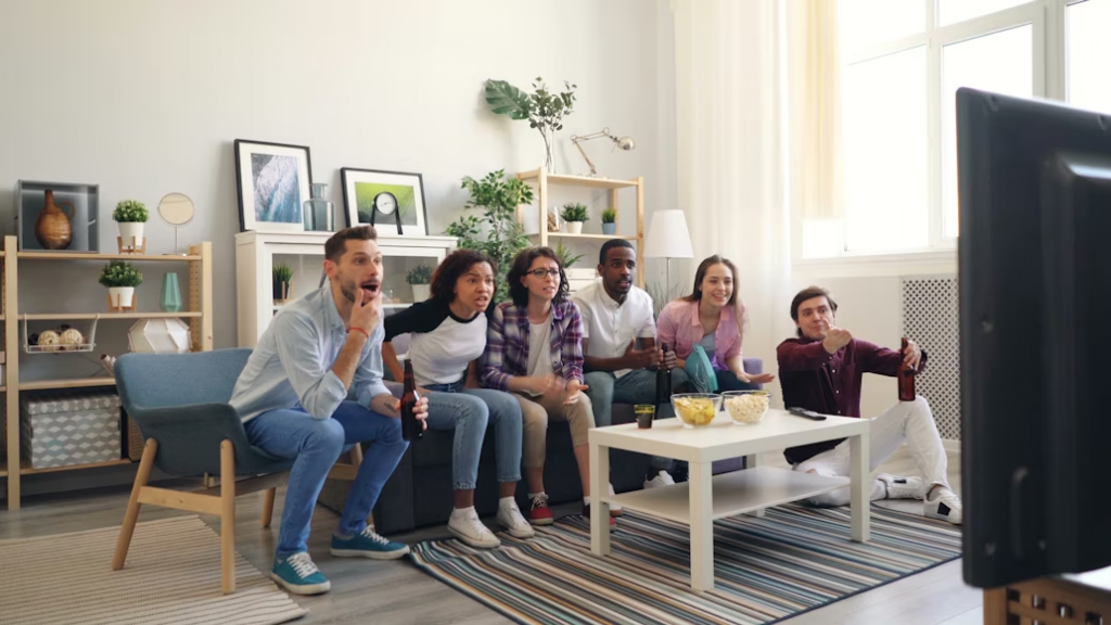 Group watching TV together while managing household streaming services across shared accounts.