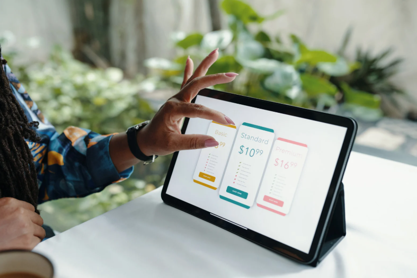 Person comparing streaming bundling hacks on a tablet with basic, standard, and premium plan options.