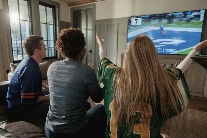Family watching live sports at home, illustrating the cost of streaming sports without cable.