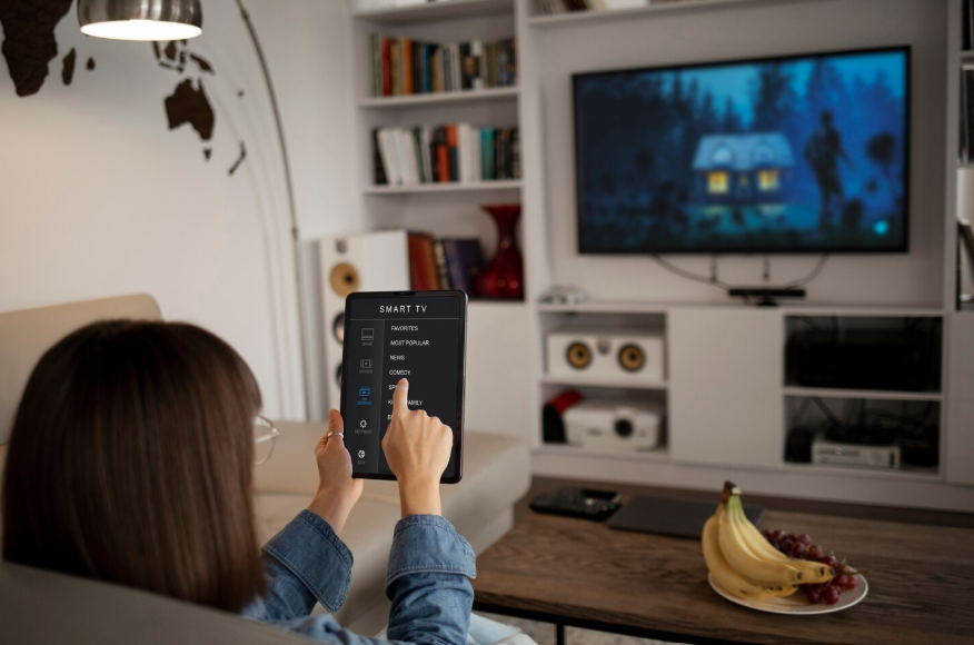 Person using a tablet to control a smart TV setup, illustrating smart TV setup cost.