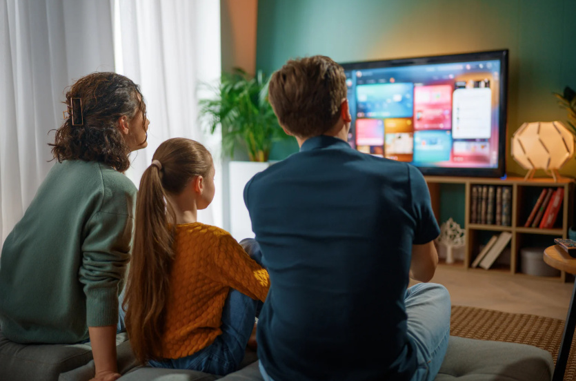 Family watching TV together, enjoying family streaming plans and features.